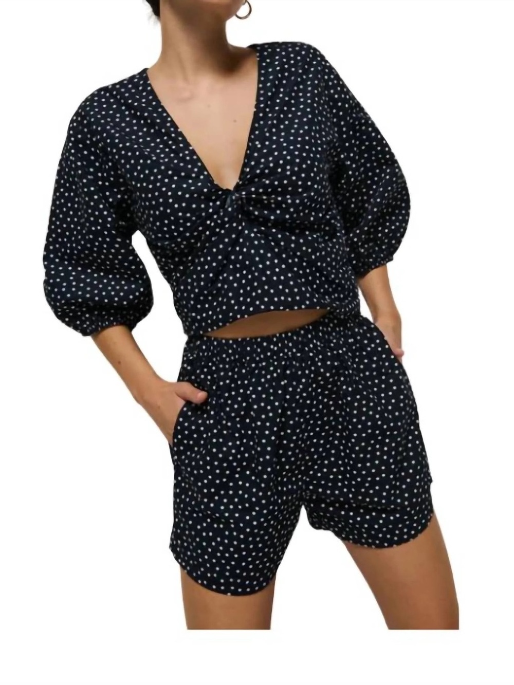 Navy Polka Dot V-Neck Blouse, Cropped Tie Front 100% Pima Cotton - Nation Ltd